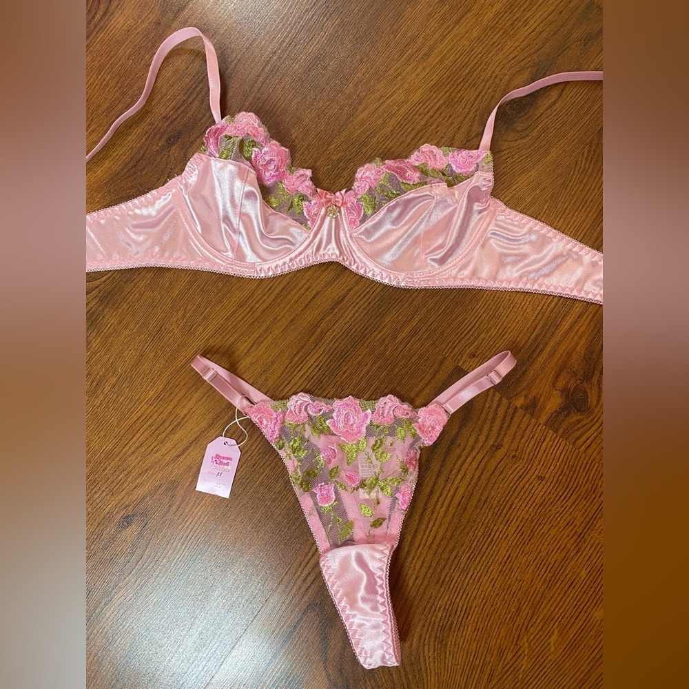🎀🌷 Ethereal Pink Satin & Sheer Floral Embroidery Lace 2 Pc Lingerie Set 🌷🎀 NWT - Picture 13 of 13